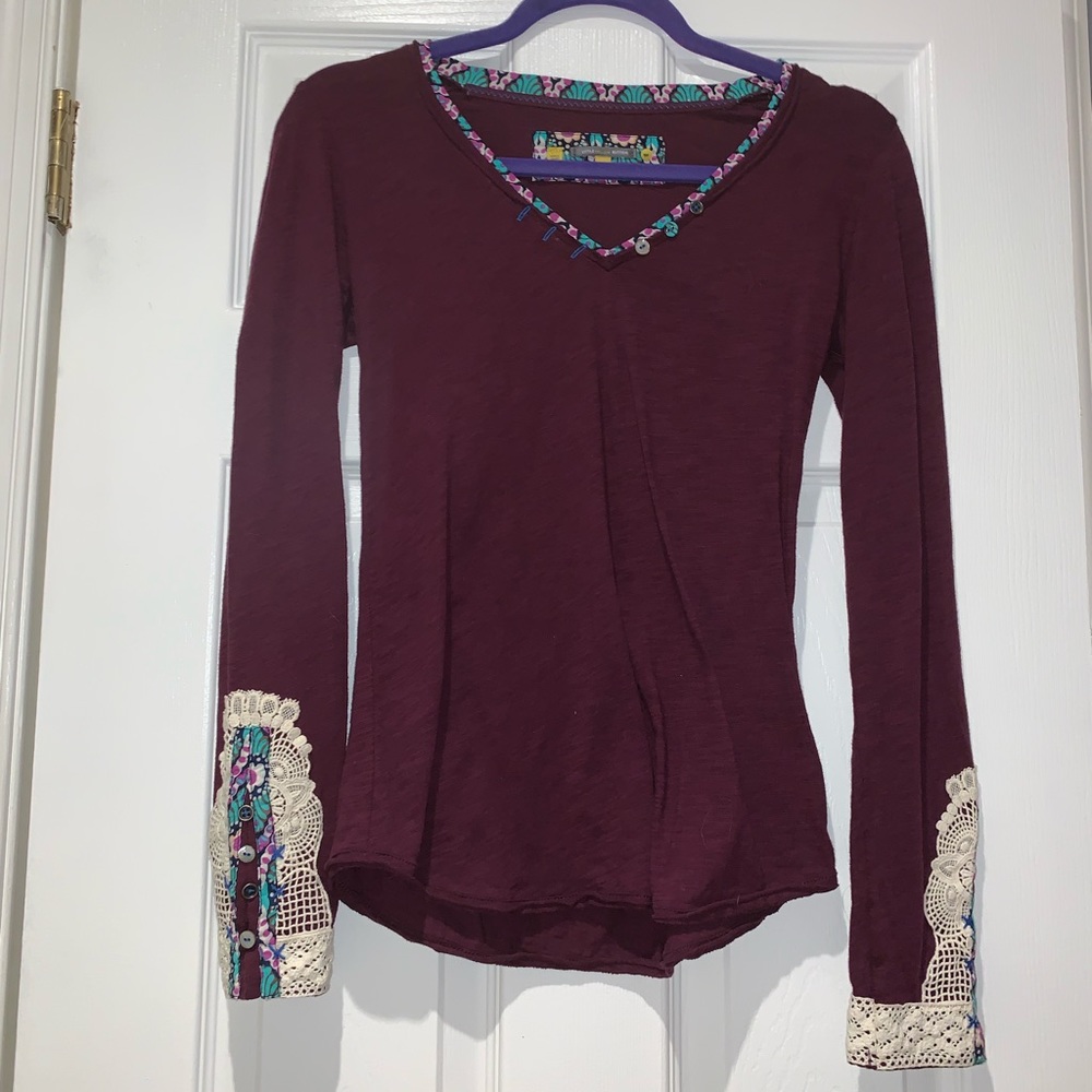 Cotton long sleeve tee with antique lace&pattern